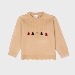 Pull beige pompon marine bordeaux