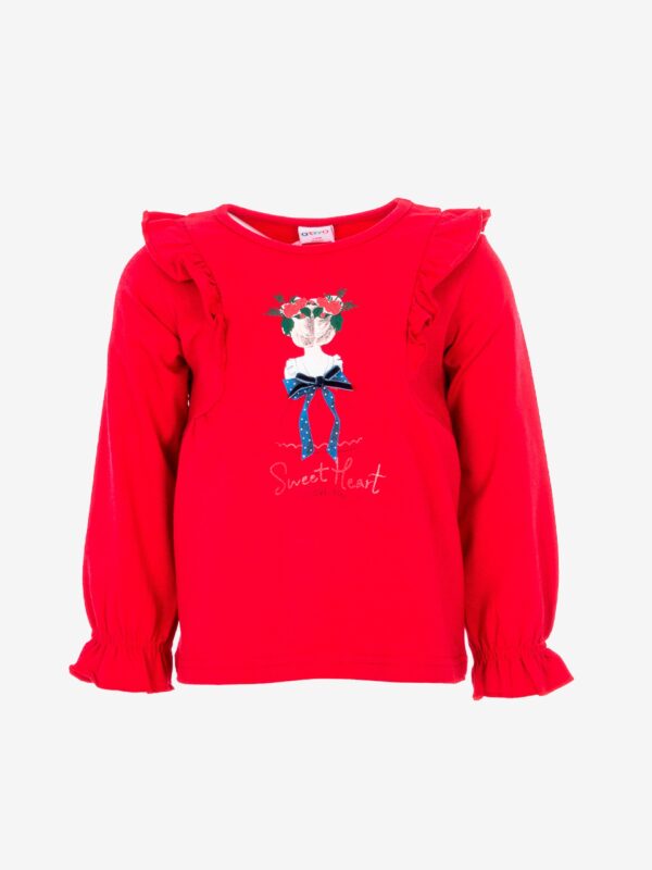 Pull rouge fille de dos avec nœud bleu en relief vêtement enfant confortable chaud jolie pas cher idée cadeau naissance boutique vêtement saint martin en haut.