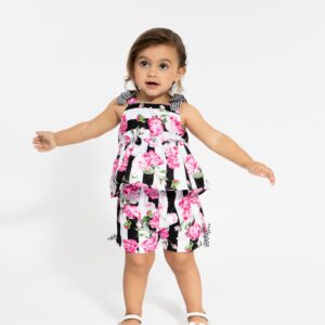 Ensemble rayé noir et blanc fleurs roses – 25,99€