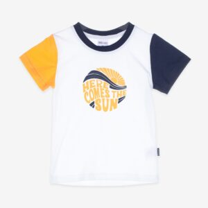 T-shirt blanc et jaune « HERE COMES THE SUN » – 10,99€